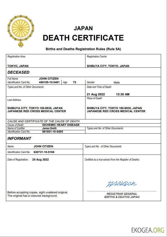 Modèle Word et PDF de certificat de décès au Japon